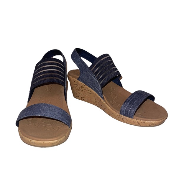 Skechers | Shoes | Skechers Luxe Foam Denim Wedge Sandals 75 | Poshmark